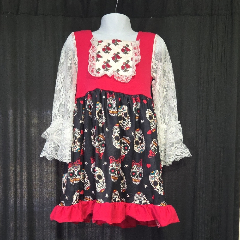 Marie Nicole Girls' Pink and Black Skull Dress with Lace Sleeves